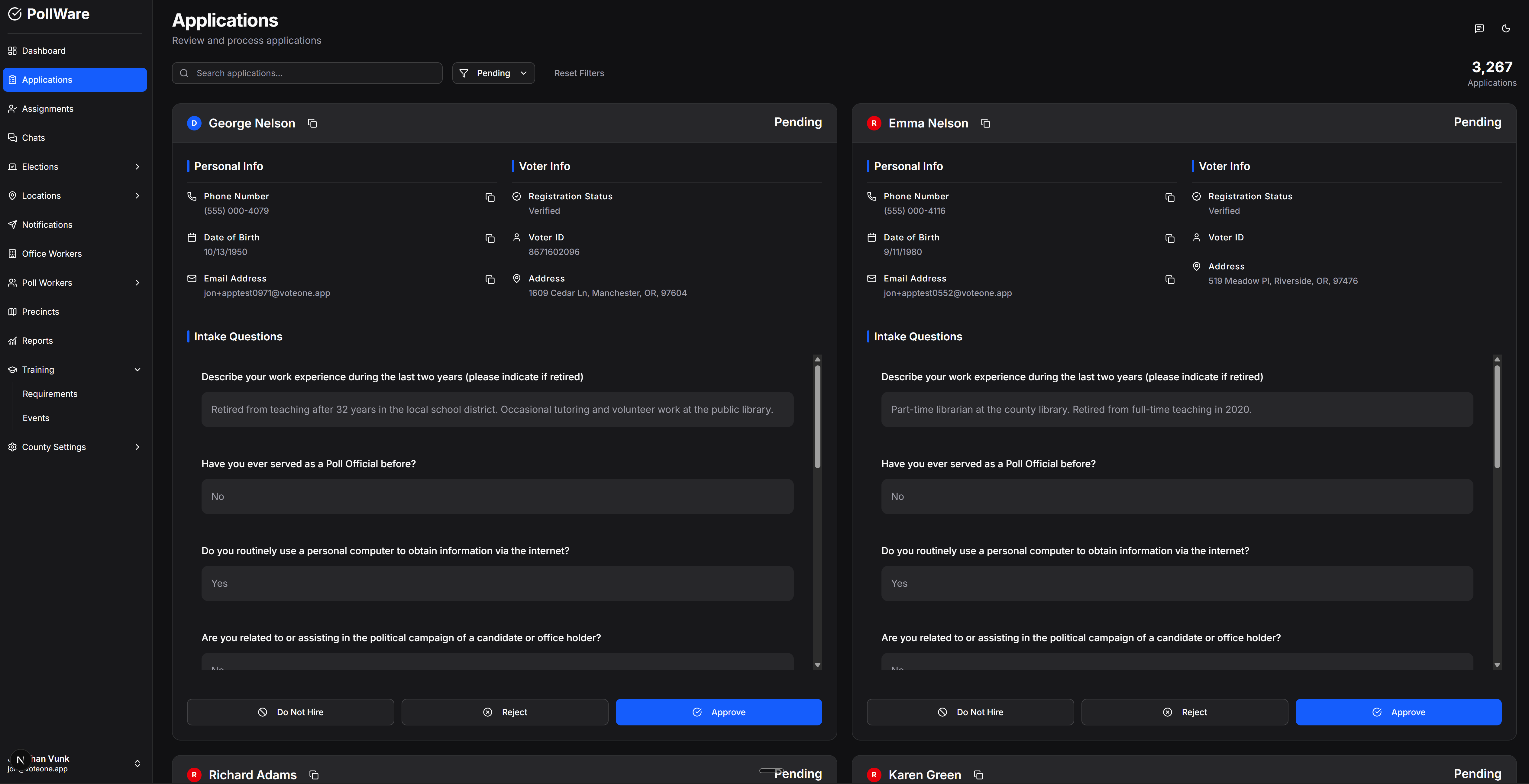 PollWare applications review — applicant cards with personal info, voter info, and intake question responses, with Approve / Reject actions