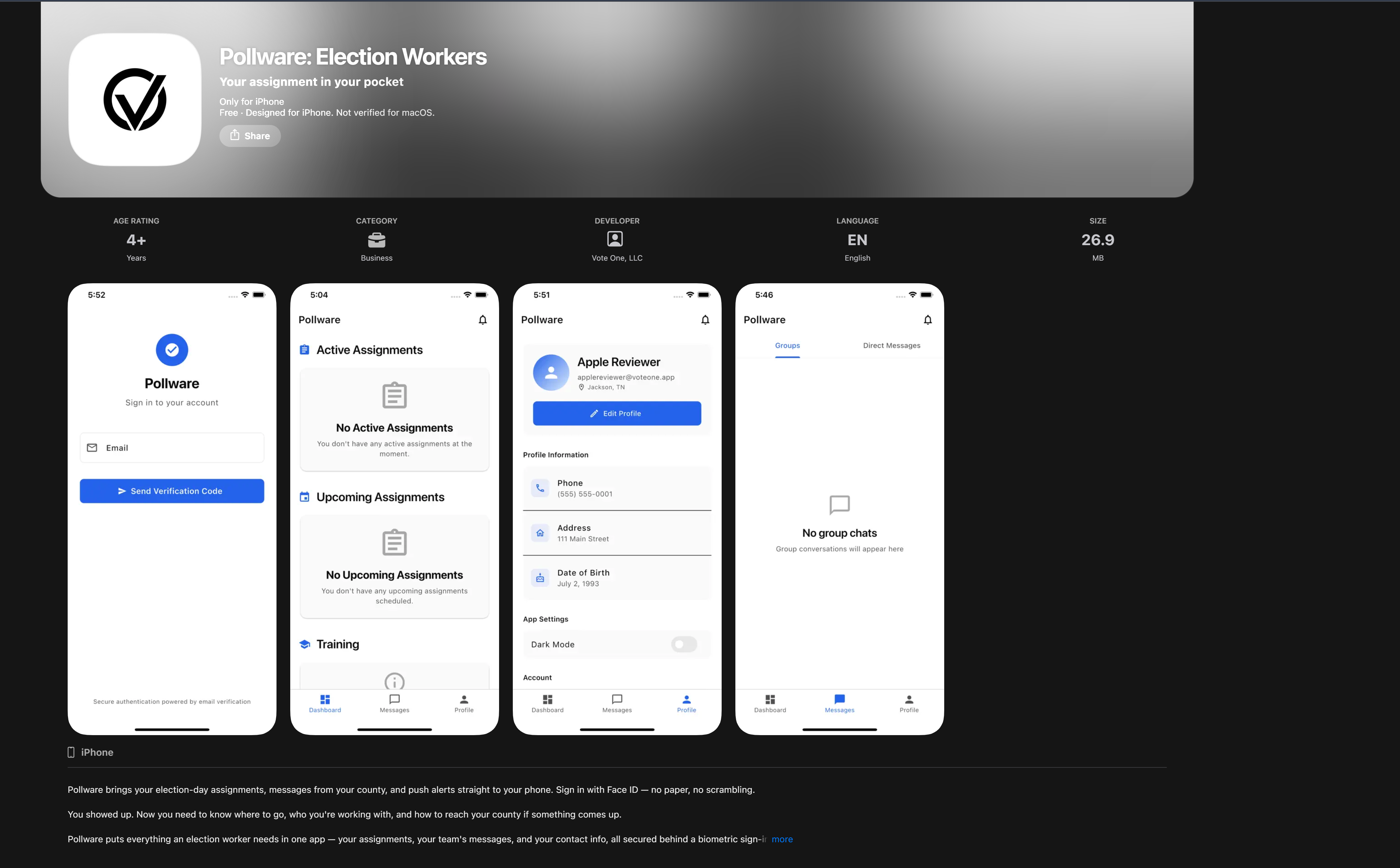 PollWare on the Apple App Store — Pollware: Election Workers, with screenshots of sign-in, assignments, profile, and group chat