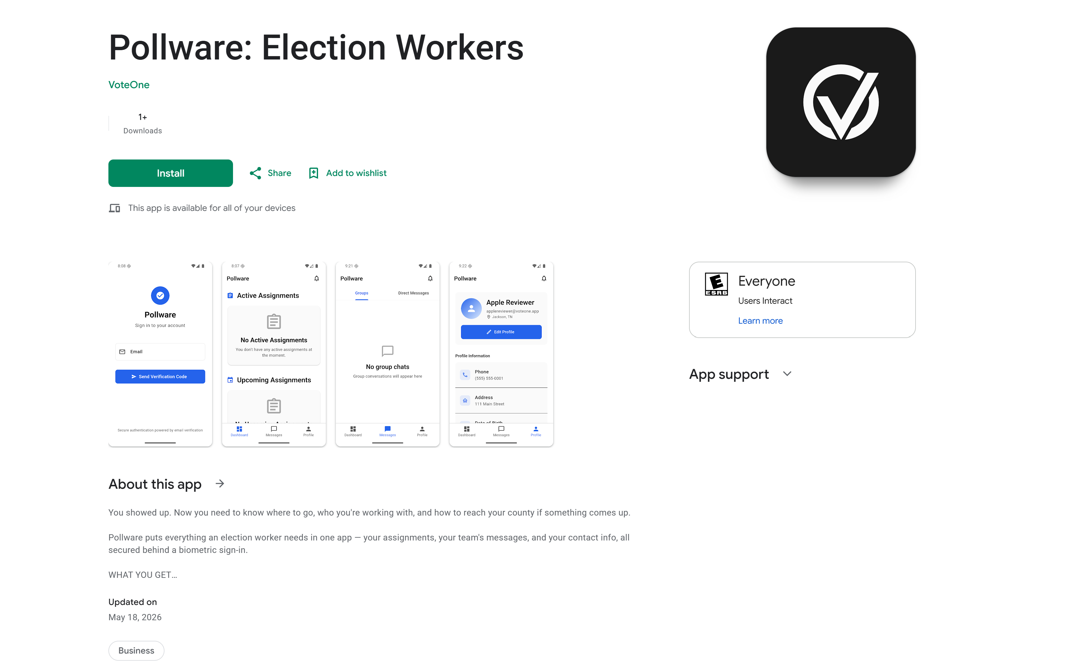 PollWare on Google Play — Pollware: Election Workers, with screenshots of sign-in, assignments, profile, and group chat